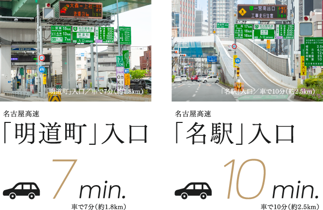 名古屋高速「明道町」入口 車で7分（約1.8km）／名古屋高速「名駅」入口 車で10分（約2.5km）