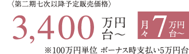 〈第二期七次以降予定販売価格〉3,400万円台〜 月々7万円台〜 ※100万円単位 ボーナス時支払い5万円台
