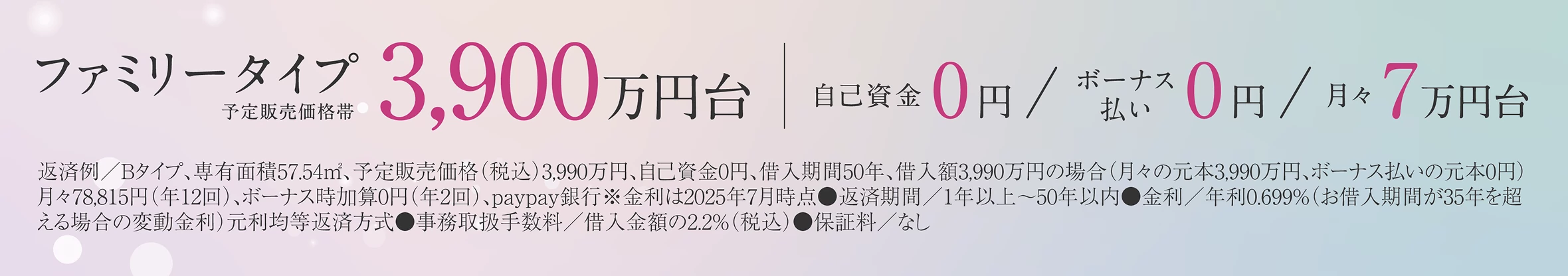 ファミリータイプ予定販売価格帯3,900万円台 自己資金0円/ボーナス払い0円/月々7万円台 